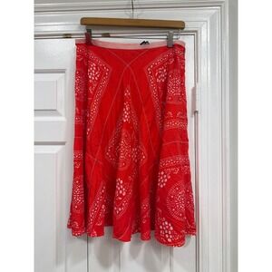 Charles Nolan New York Red White 100% Silk Bandana Print Midi Skirt Womens 8